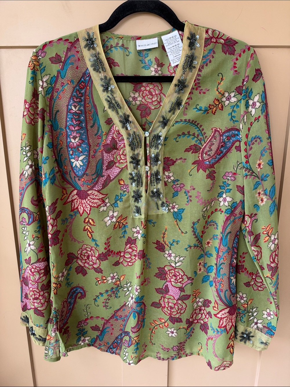 White Stag Vintage Olive Burgundy Paisley Chiffon Embellished V-Neck Tunic Top